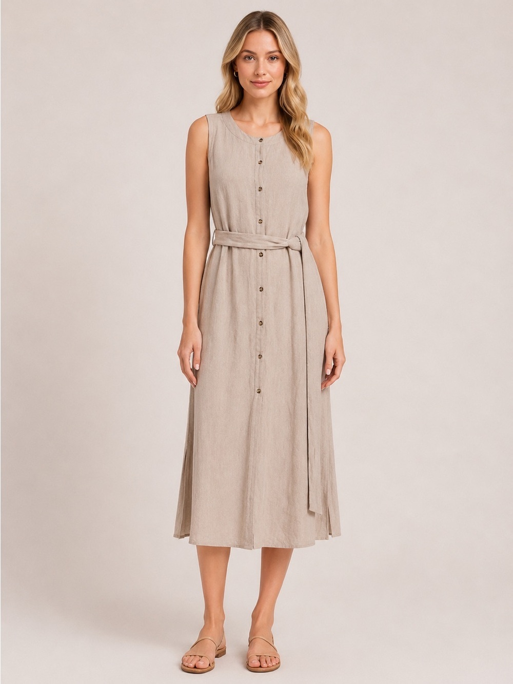 Club Monaco Linen Blend Sleeveless Button Front Midi Dress Tan 25563